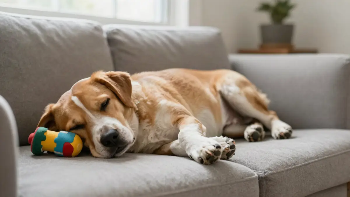A relaxed dog lying on a couch