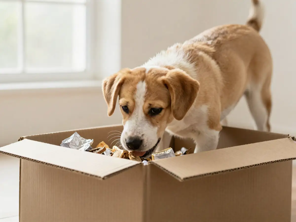 Cardboard box game: a dog digging through a box of paper for a treat