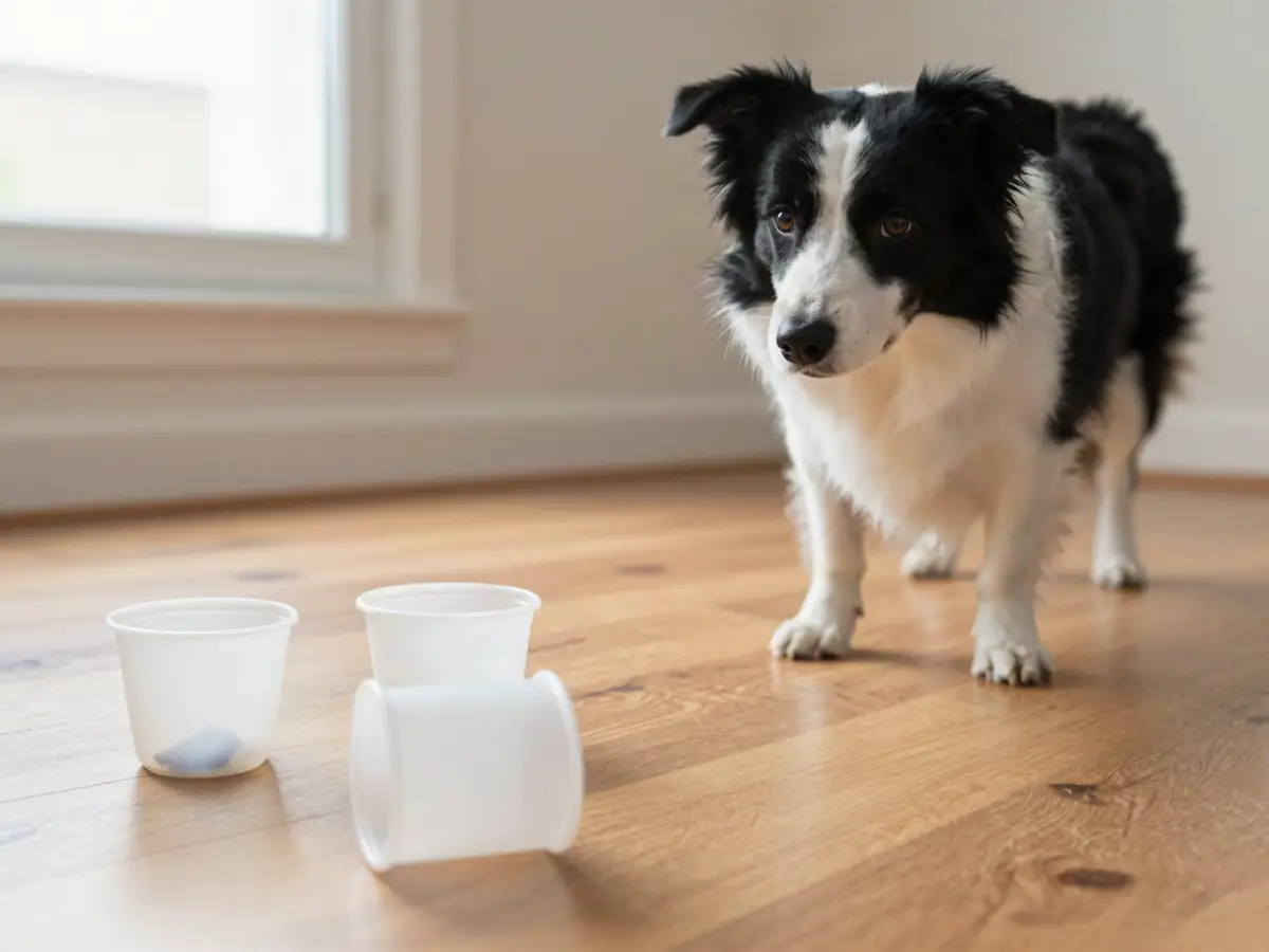 Cup shell game: a dog choosing between upturned cups