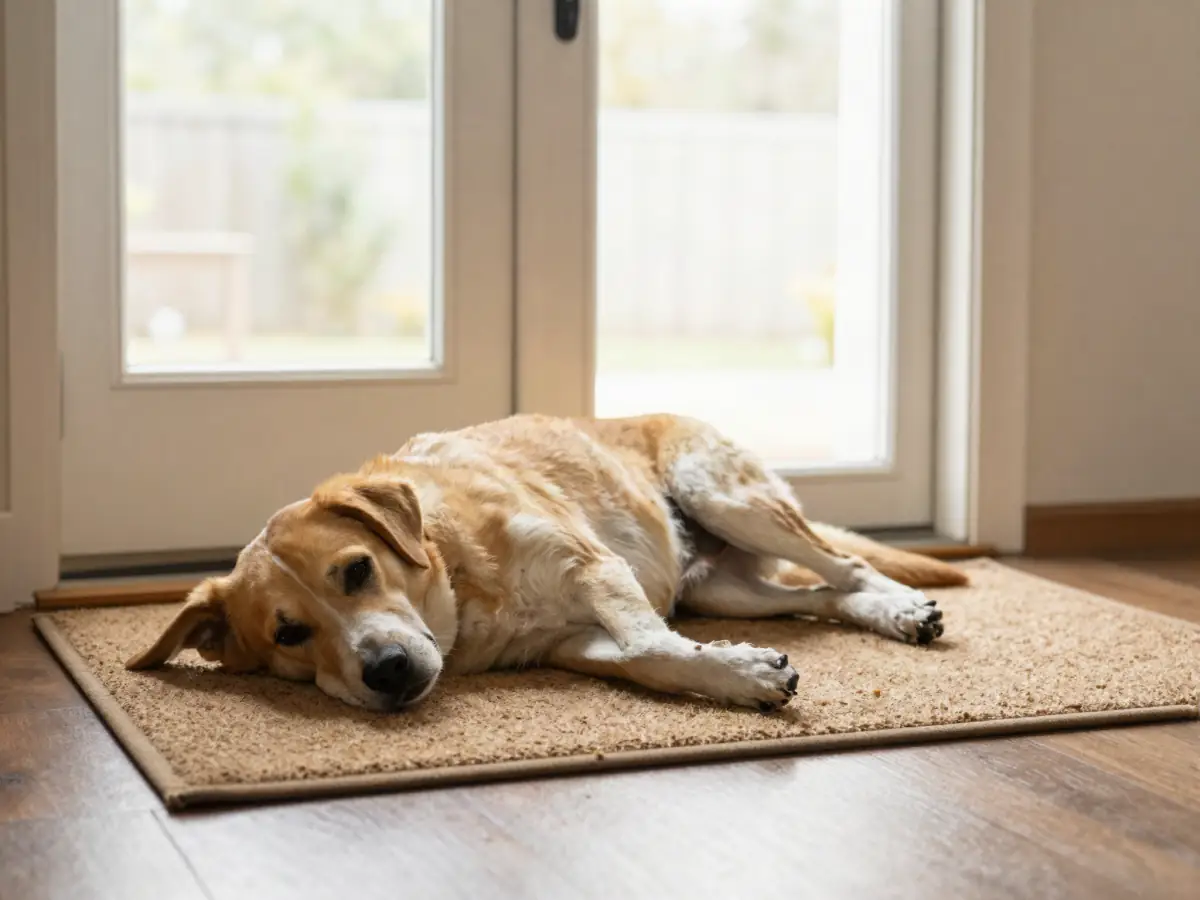 A dog sitting calmly by the front door