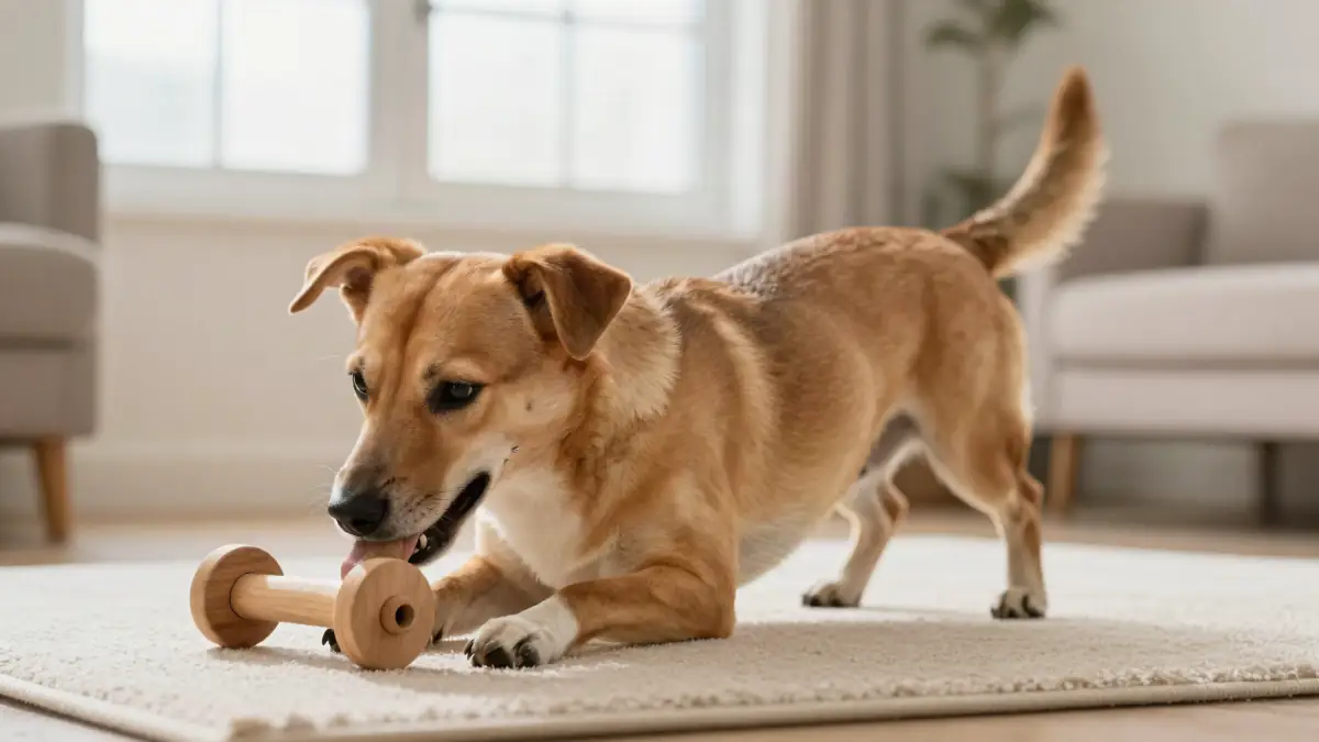 A dog nosing at a homemade puzzle toy on a wooden floor