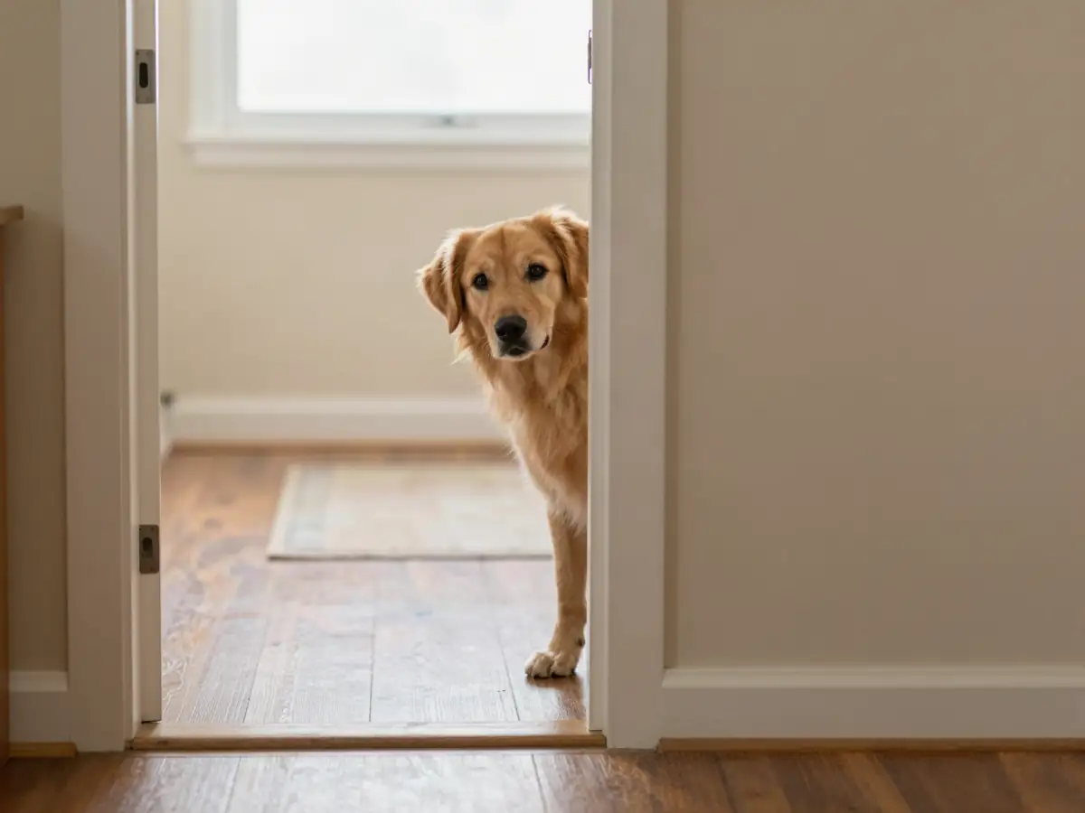 Hide and seek: a dog searching a room for a hidden toy