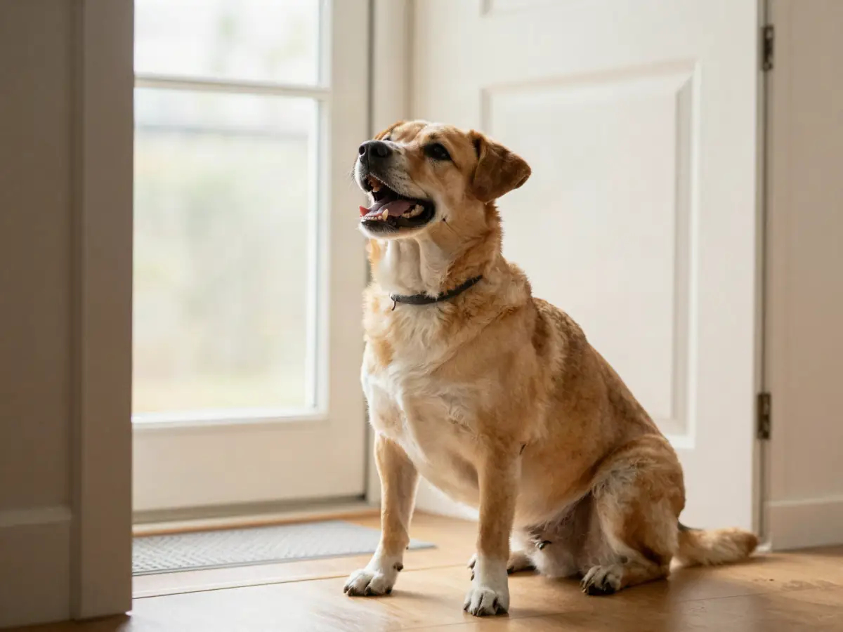 A dog jumping up to greet a visitor at the door