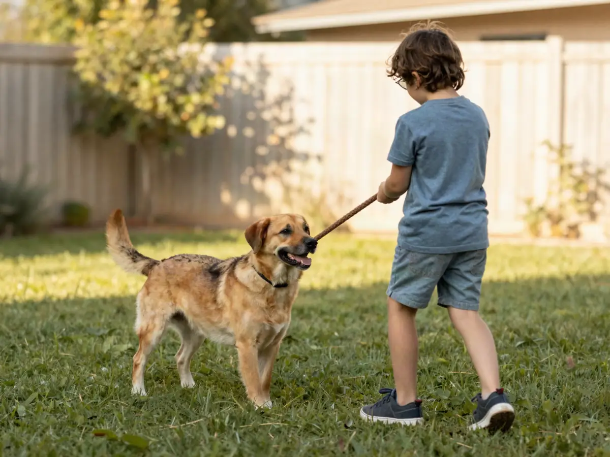 Children playing a gentle treat game with a family dog