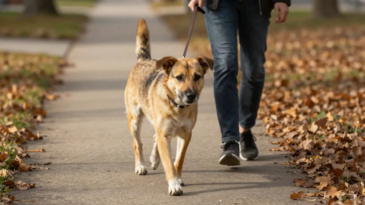 A dog walking on a loose leash beside its owner