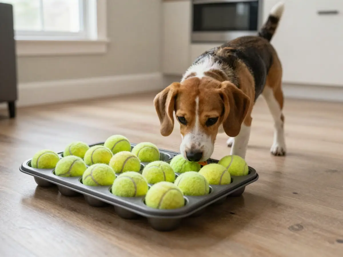 Muffin tin game: a dog lifting balls out of a muffin tin to find treats