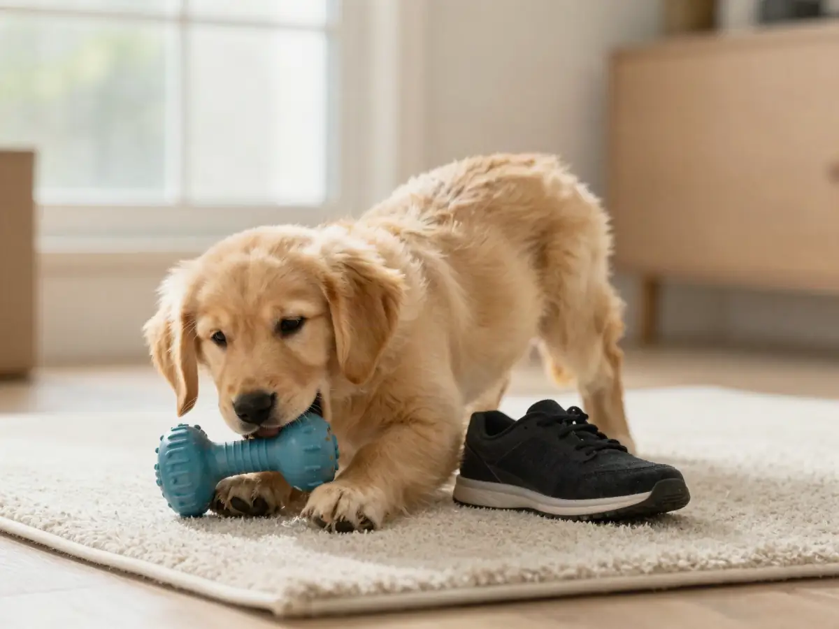 A puppy chewing a rubber toy instead of hands