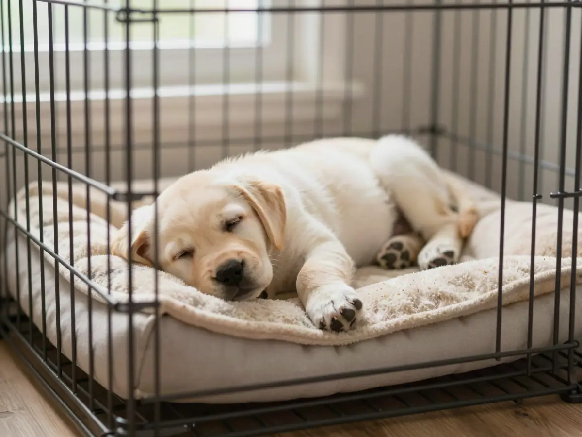 Puppy resting calmly inside an open crate with a soft blanket