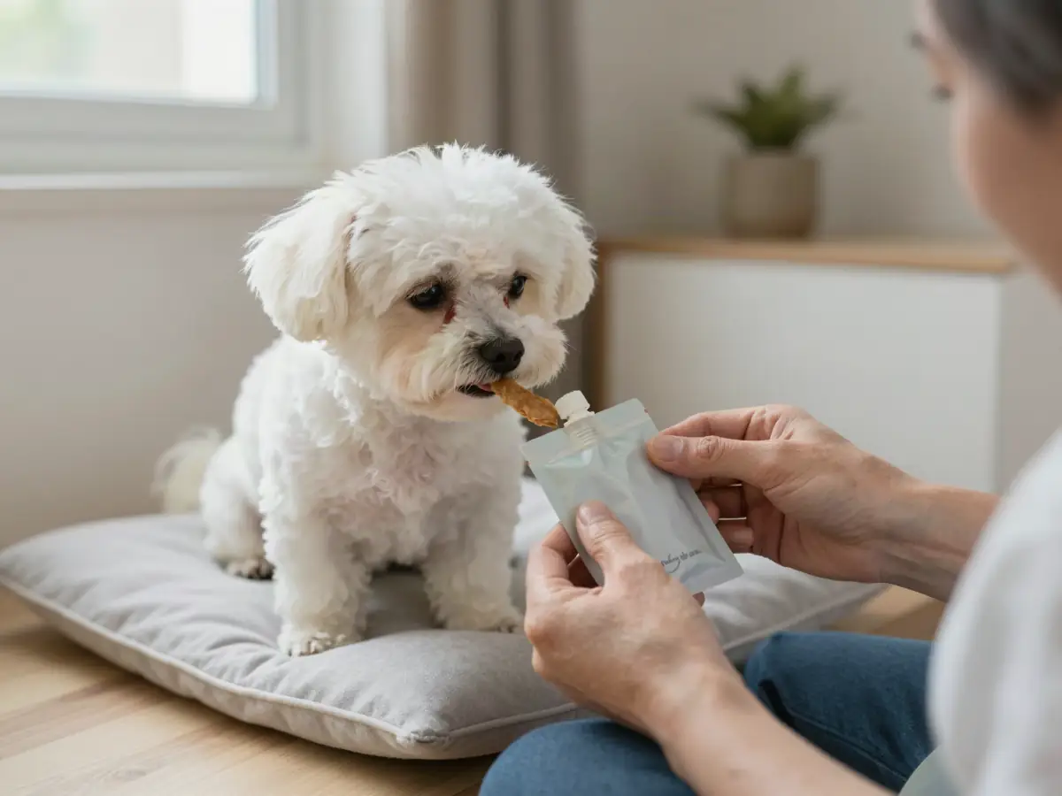 An older small dog sitting attentively for a treat