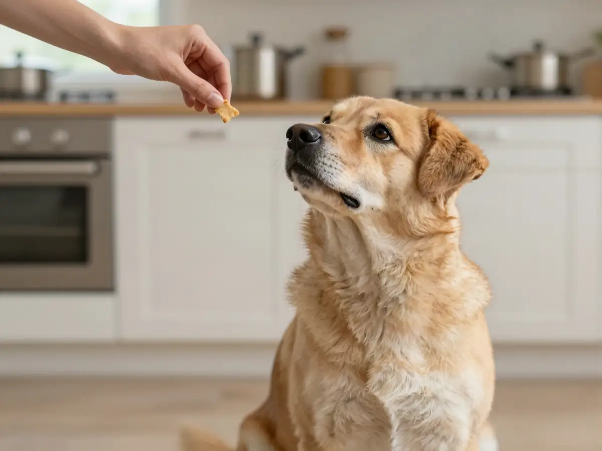 A dog sitting politely for a treat during a home training session