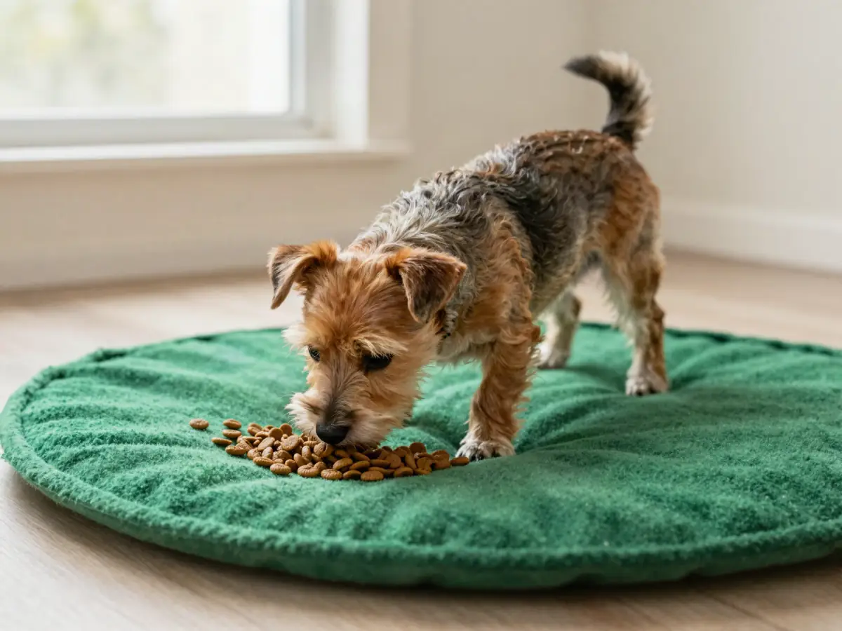Snuffle mat: a dog sniffing out kibble hidden in a fabric mat