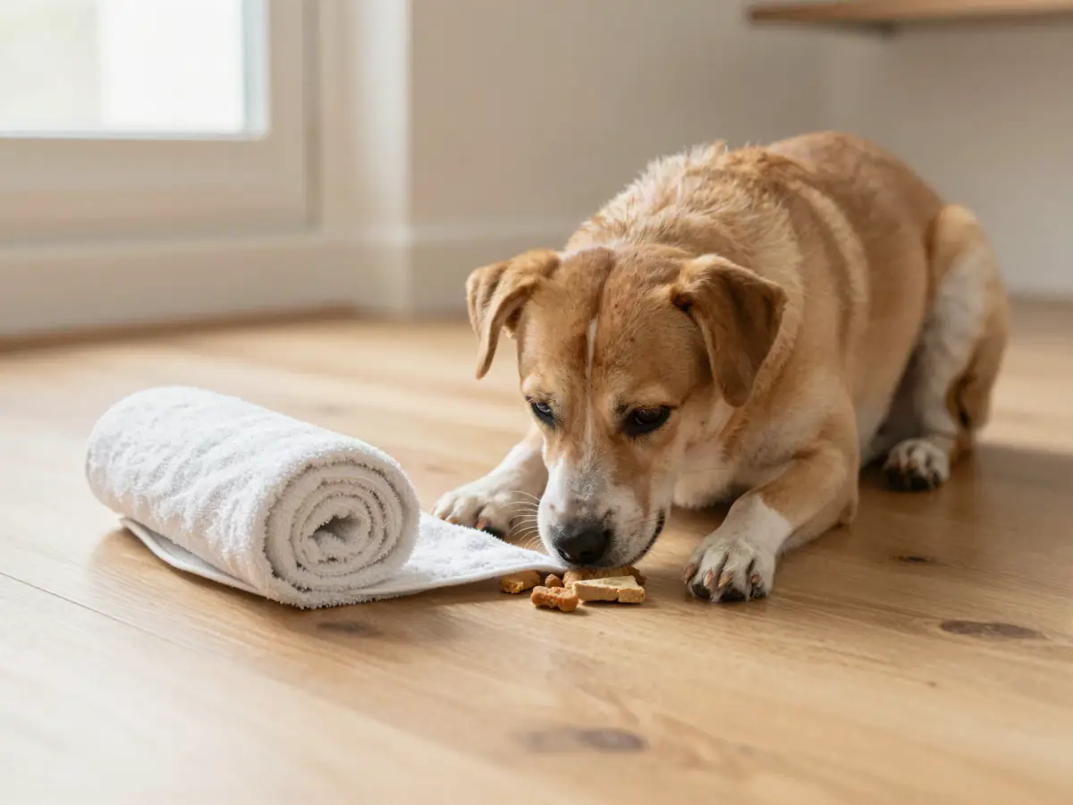 Towel burrito: a dog unrolling a towel with treats inside