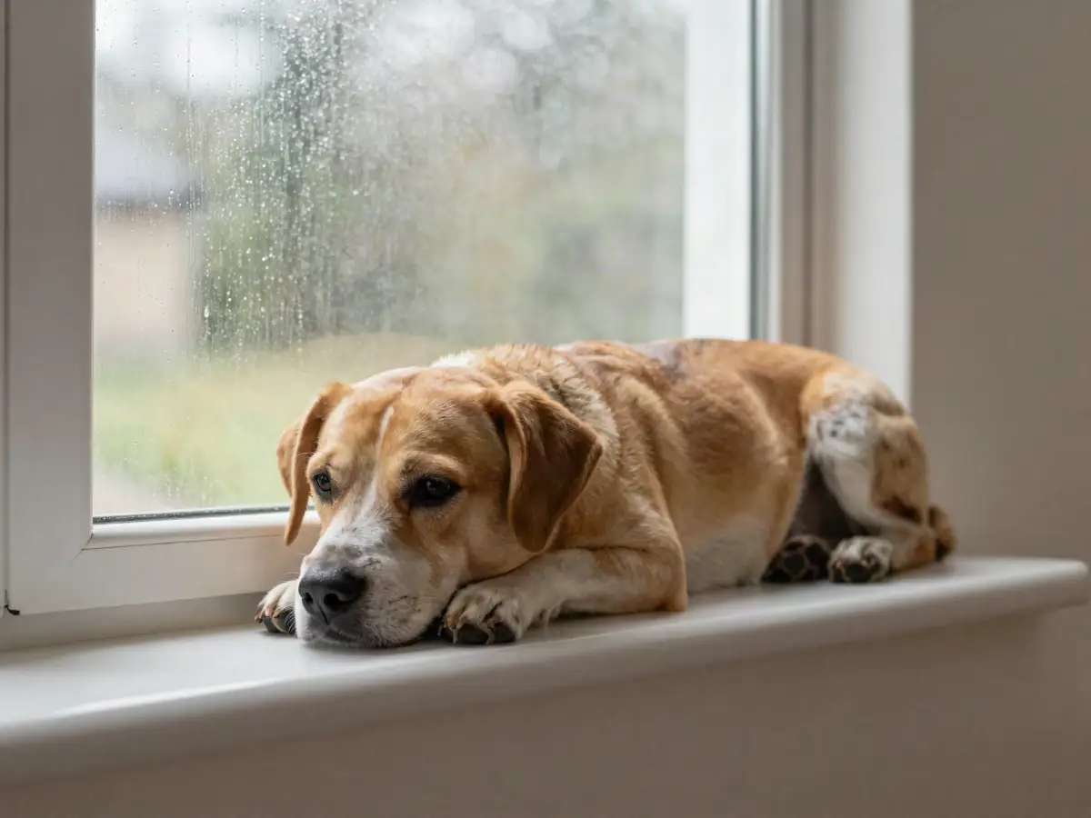 A bored dog staring out of a living room window