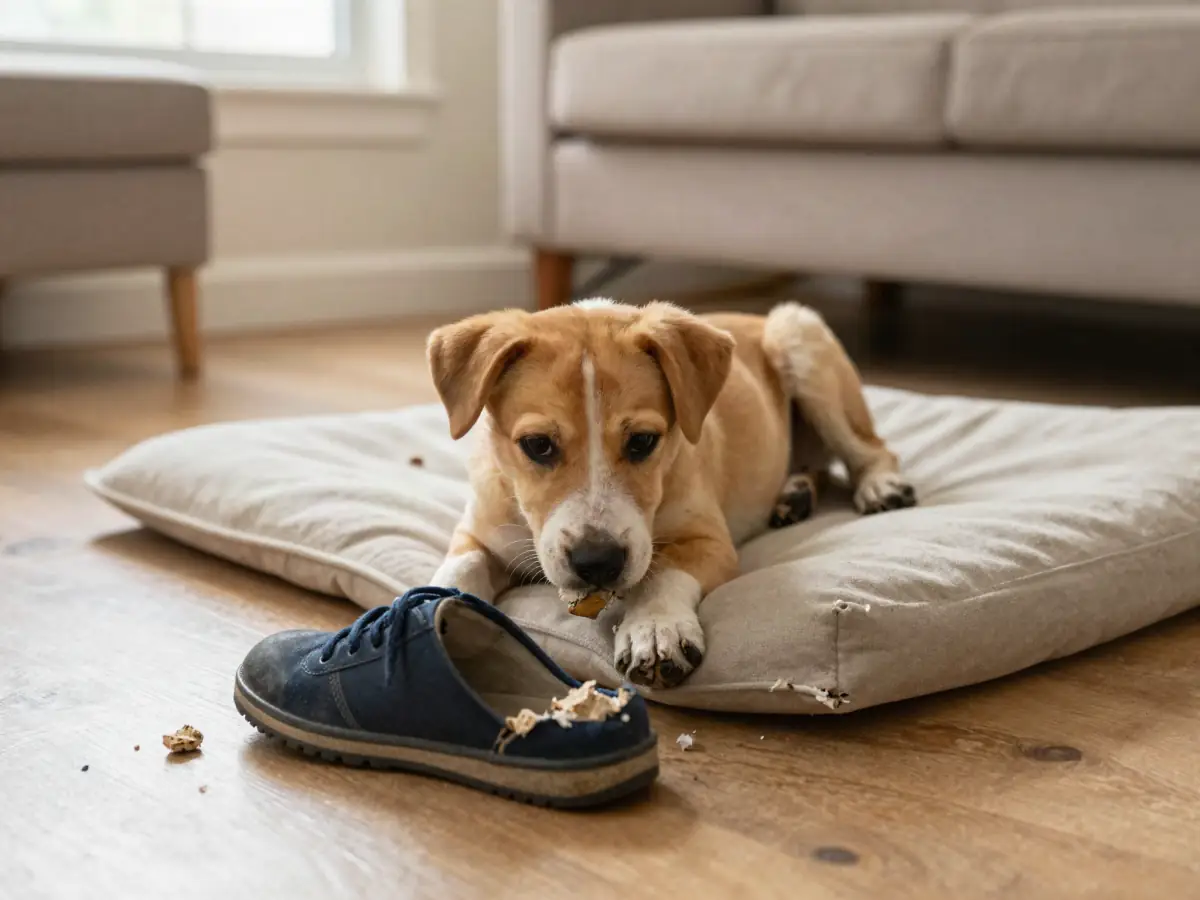 A chewed shoe on the floor