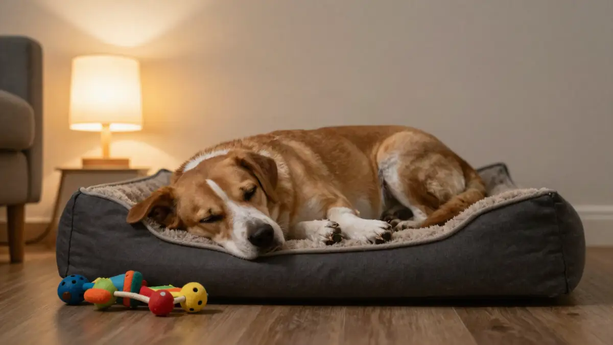 A relaxed dog lying down after a game