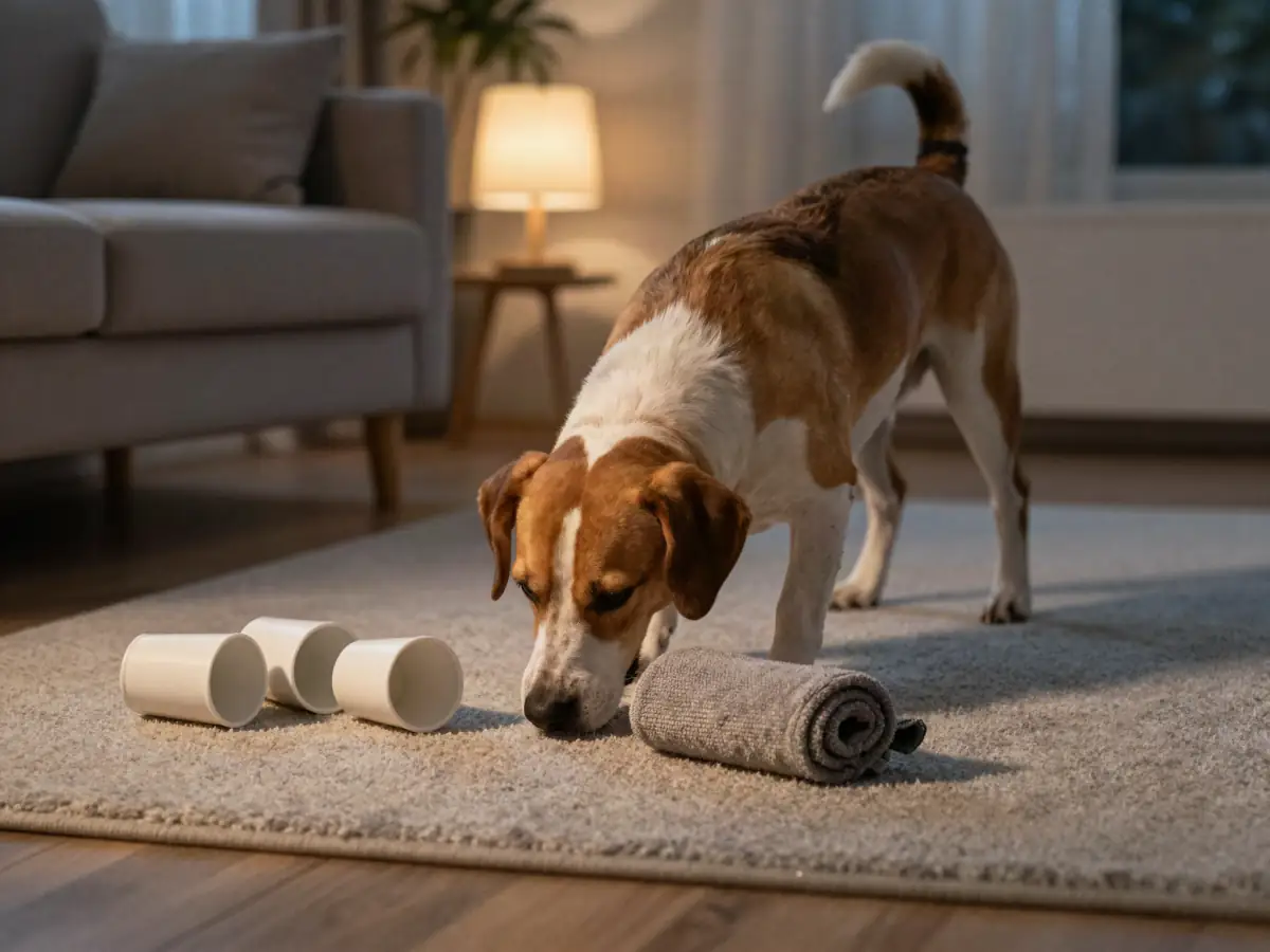 A dog playing a towel treat game on the living room floor in the evening