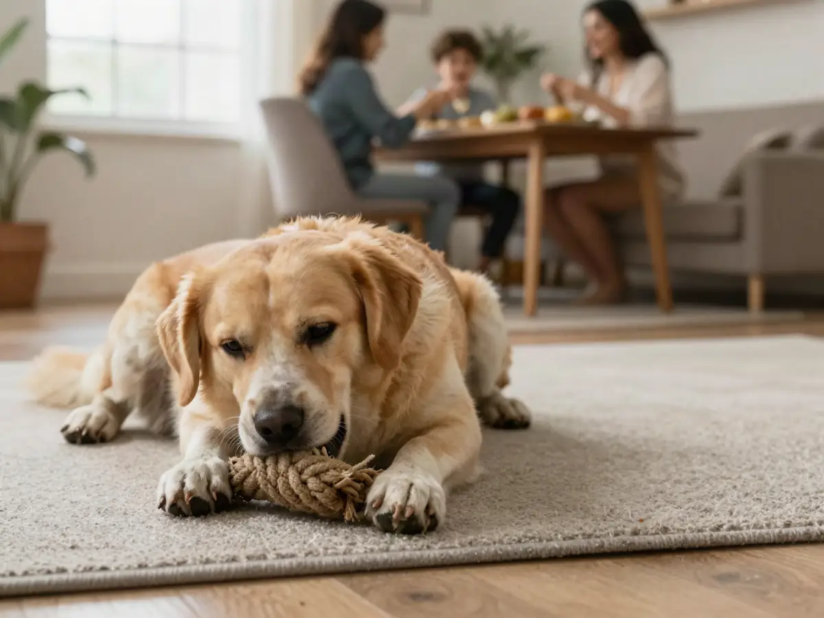 A calm dog holding a rope toy at home